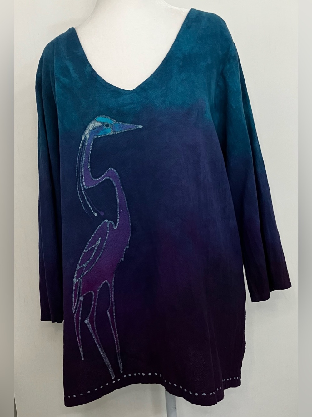 Ombre Teal and Purple V-Neck Tunic Top with Heron Graphic
